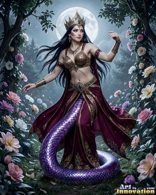 A serpent woman dances in a flower garden beneath the pale moonlight