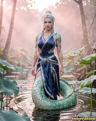 Coiled upright in a swamp, a woman with a snake body in a blue dress rests among lotus leaves