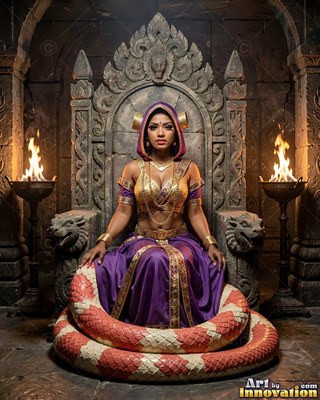A woman in purple with a red and cream coiled snake tail sits on a stone throne by torches