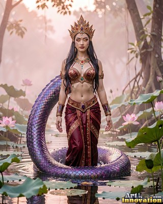 In a misty lotus pond, a crowned naga woman stands with a coiled purple tail