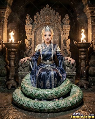Sitting on a carved ancient stone throne, a crowned woman coils her green thick serpent tail by firelight