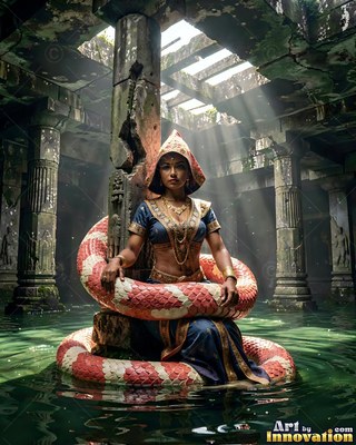 A half-snake woman coiled around a pillar in flooded ruins