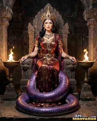 Wearing a tall crown, a naga woman sits on an ancient stone throne between two flaming bowls