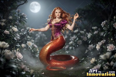 A woman with a red winding serpent tail sits in a flower garden under pale moonlight