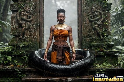 Standing inside a coiled black snake tail, a woman rests in a stone temple gate