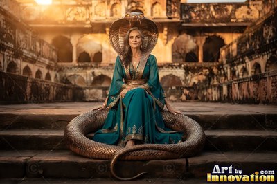 A woman in a green dress sits inside a coiled cobra on stone temple steps