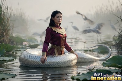 In a misty lotus pond, a woman with a coiled white long serpent tail rests in the water