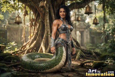 Coiling on the ground, an armored snake-bodied woman rests under a tree of bronze bells