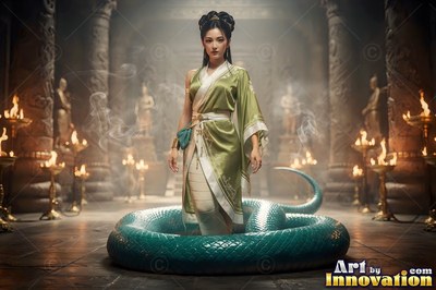 A woman in a green robe stands inside a coiled long snake tail