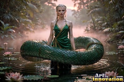 A part-snake woman stands in a misty pond encircled by her green coiled tail