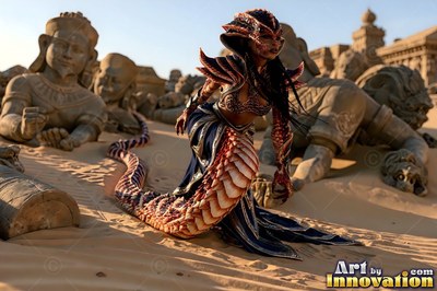 Crawling forward, a snake woman slithers through desert sand by stone ruins