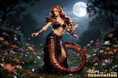 In a moonlit flower field, a serpent woman pauses her curled tail on the grass