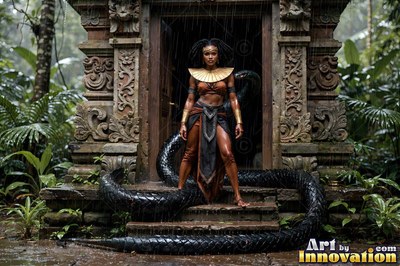 Standing in the rain, a woman poses by a stone shrine beside a black snake tail