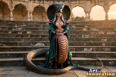 Half-snake woman in a green robe on temple stone steps