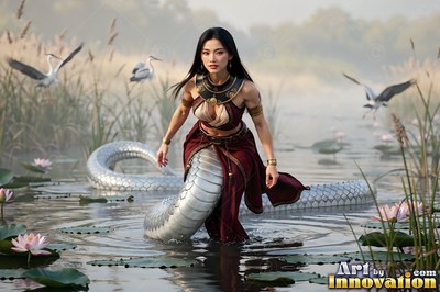 A serpent woman in a red skirt glides through a pond of pink water lilies