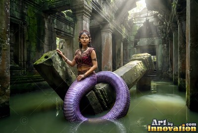 A serpent woman with a purple tail sits on ruins in a flooded temple corridor
