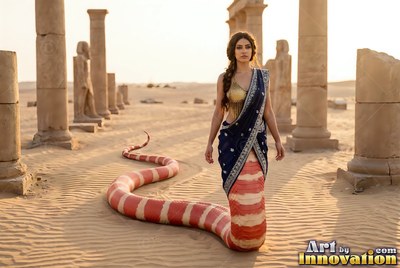 Slithering across desert sand, a naga woman glides past ancient ruins