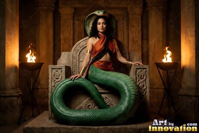 A serpent woman sits on a stone throne by fire torches