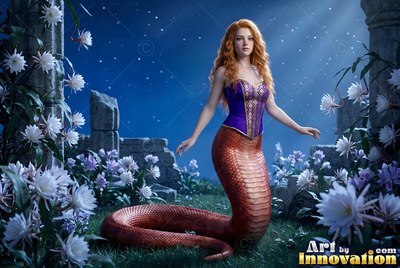 Wearing a purple bodice, a snake woman slithers through white flowers beside stone ruins at night