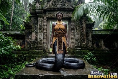 A woman with a coiled black winding snake tail stands before an old stone gate in soft green light