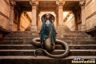 Facing forward, a part-snake woman in teal robes rests on stone temple steps