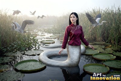 A woman in a maroon top with a white snake tail stands in water by herons