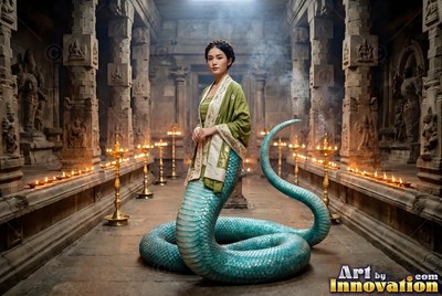 Coiled on a stone temple floor, a snake woman rests in green robes by candlelight