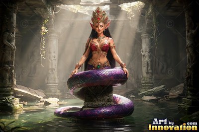 Serpent woman coiled around a stone pillar in a flooded temple ruins