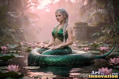 In a green halter top, a serpent woman pauses coiled in a pond with pink lotus flowers