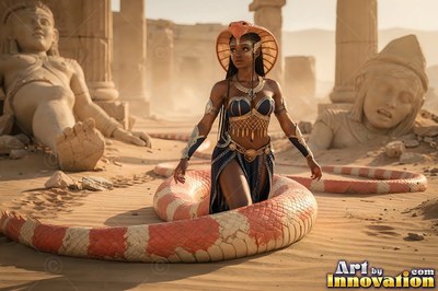A serpent woman slithers through desert ruins under bright warm sunlight