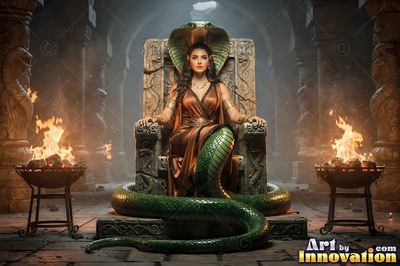 Seated on a carved stone throne, a serpent woman rests between fiery bowls