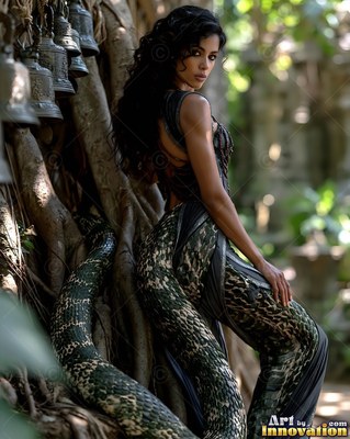 By a row of bells, a serpent woman sits against thick tree roots