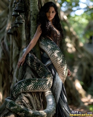 Leaning against a tree trunk, a woman wrapped in a thick long snake tail looks forward