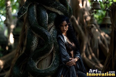 Long dark curls frame a woman in a gray robe beside a green snake coiled on a tree