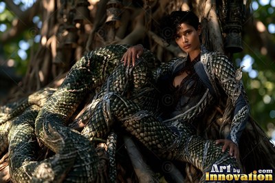 A woman covered in dark reptile scales sits among banyan roots in dappled sunlight
