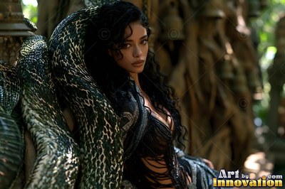 Leaning back against stone bells, a woman with dark hair rests by a green serpent tail