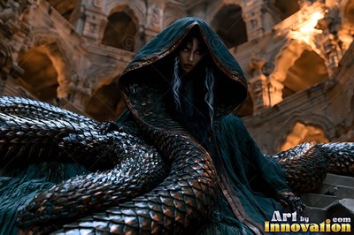 A hooded snake-bodied woman with dark scales rests on the steps of a stone temple