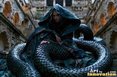 Coiled on temple steps, a hooded serpent woman relaxes in dark teal robes