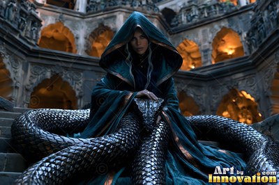 Hooded woman with a dark scaled serpent tail on stone temple steps