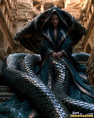 Wearing a dark hooded robe, a snake-tailed woman rests on the stone steps of a temple hall
