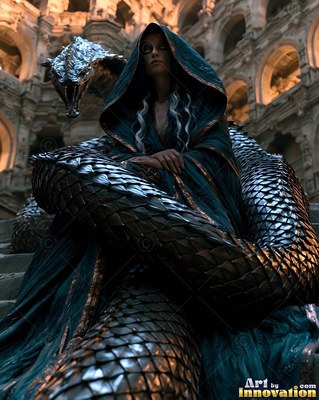 A hooded woman sits with a scaly serpent tail coiled around her in warm palace light