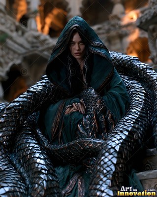 Seated straight in a stone ruin, a hooded woman rests within a dark scaled tail