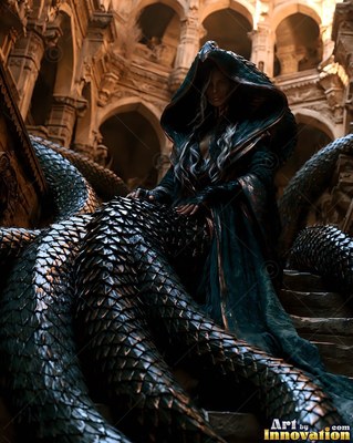 A hooded snake-bodied woman sits on stone stairs with dark coils around her