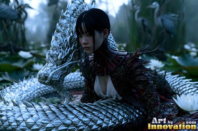 In a dim lotus pond, a pale woman rests coiled beside a silver serpent tail