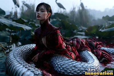 Resting in a misty pond, a snake-bodied woman coils her silver tail in red leaves