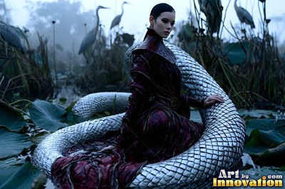 A snake woman rests in a silver coil by lotus leaves