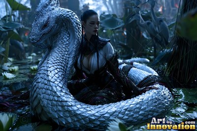 Dark eye markings shade a woman with a snake body coiled inside a dim lotus pond with her silver tail
