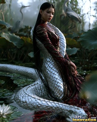 A woman with a silver long serpent tail sits in a lotus pond in soft green light