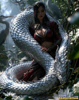 Coiled in a pond, a woman with a silver snake tail rests by herons