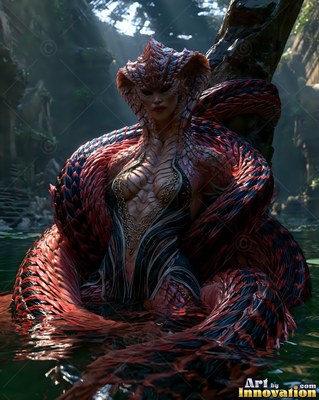 A snake-bodied woman rests in dark water with red coils wrapped around her
